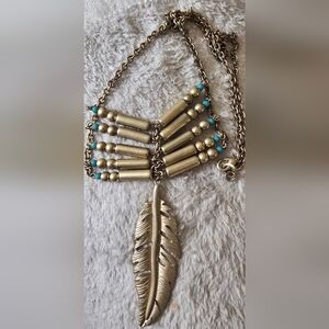 Arrow Necklace Goldtone & Turquoiae Color Unique 14" Drop With 3" Feather